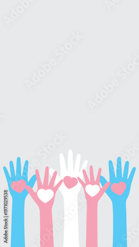 Silhouette of blue, pink and white colored hands as the colors of the transgender flag, holding heart, on grey background in vertical layout. Flat design illustration.