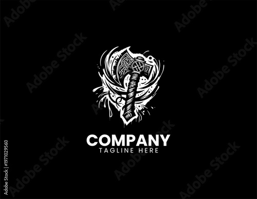 Viking battle axe with runes and abstract splashes black vector logo illustration isolated on white background