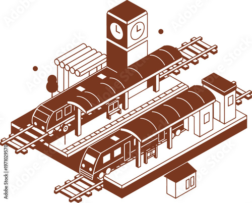 Brown Isometric of Train Station with Clock Tower and Tracks train tracks