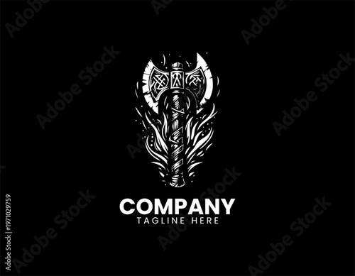 Viking battle axe with runes and abstract splashes black vector logo illustration isolated on white background