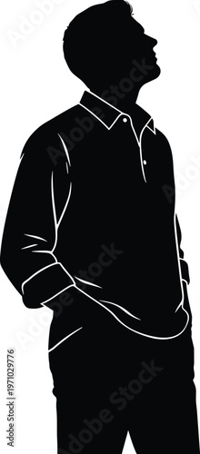Man silhouette vector illustration with casual standing pose, male figure looking up for lifestyle, thinking concept, fashion design, and human profile artwork