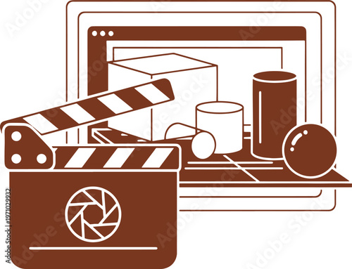 Brown line of clapperboard and camera equipment on a set background line clapperboard