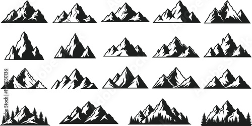 Mountain silhouette vector set with various alpine peak styles and forest elements, black and white landscape collection for logo, outdoor adventure branding