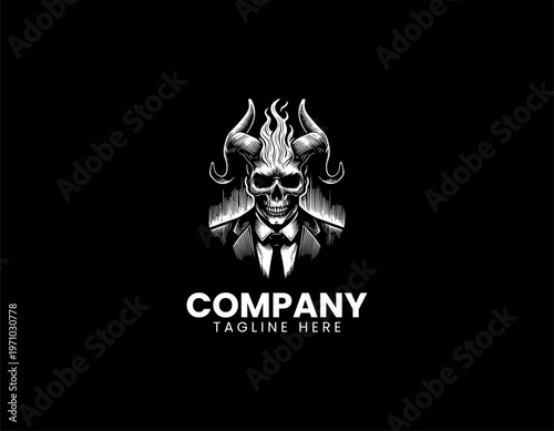 Horned skull man in suit with flames black vector logo illustration isolated on white background