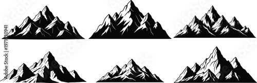 Set of mountain peak silhouettes collection, black alpine ranges with snow details, nature landscape vector illustration isolated on white background