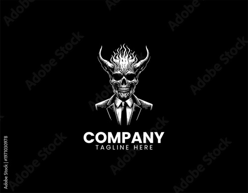 Horned skull man in suit with flames black vector logo illustration isolated on white background