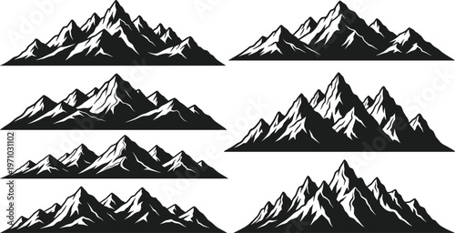 Set of mountain silhouettes collection, black peaks and alpine ranges with snow caps, nature landscape vector illustration isolated on white background