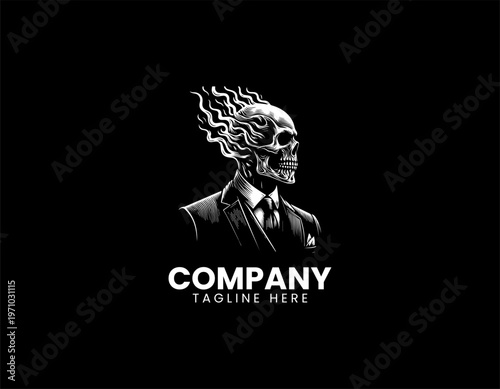 Horned skull man in suit with flames black vector logo illustration isolated on white background