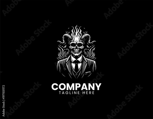 Horned skull man in suit with flames black vector logo illustration isolated on white background