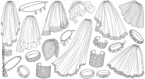 Collection of Vintage Lace Doilies and Tablecloths Hand-Drawn Illustration.