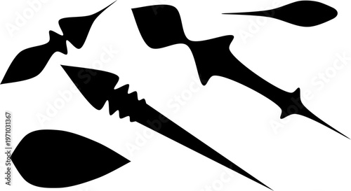 Decorative black clock hands and ornate spearhead silhouettes, Antique style time indicator and ornamental pointer set