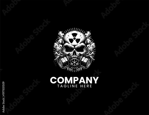 Skull with gas mask and radioactive symbol black vector logo illustration isolated on white background