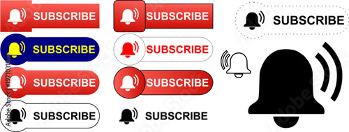 Subscribe button set, notification bell icons, social media UI elements