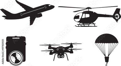 air travel airplane helicopter drone parachute silhouette set black vector