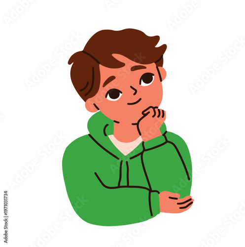 Thoughtful boy looking up. Curious smiling kid thinking, dreaming, imagining. Cute child character planning, thoughts and ideas in mind. Flat vector illustration isolated on white background