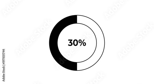 Black and white 30% pie chart data graphic, isolated white background.
