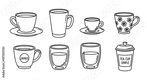 Hand-Drawn Variety Coffee and Tea Cup Icon Set — Double Wall Glass Takeaway Cup Floral Cup Branded Mug Vector