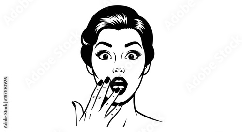 Retro style woman with a surprised expression and hand covering her mouth, showing shock or amazement, isolated white background.