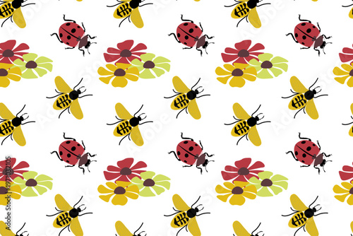 Seamless summer flower insect pattern - wasp and ladybug on a white background, perfect for nature-themed posters, prints, textiles wrapping and wallpaper