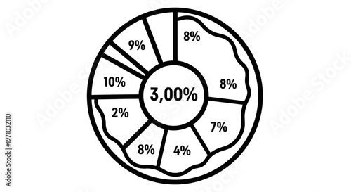 Data analysis pie chart showing percentages for business statistics, graphic representation, isolated white background.
