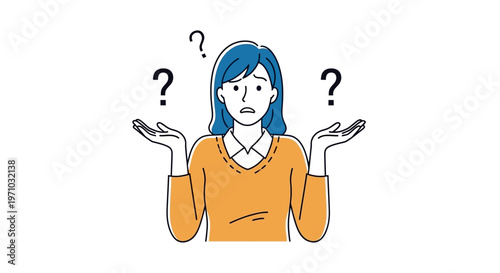 Confused Woman Shrugging with Question Marks Above Her Head, Isolated White Background