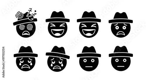 Black and White Emoji Faces Expressing Diverse Emotions with Hats, Isolated White Background