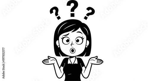 Black and White Confused Woman Shrugging with Question Marks Above Her Head, Isolated White Background