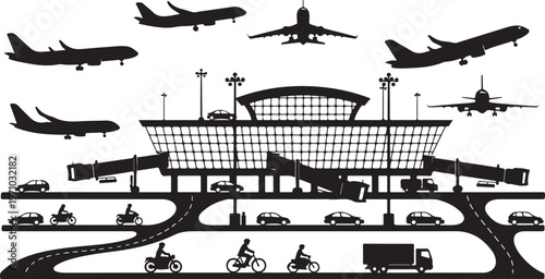 airport departure arrival airplane terminal silhouette set black