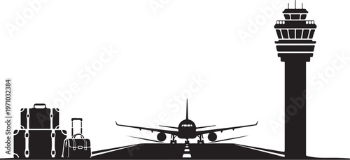 airport scene airplane tower runway luggage silhouette set black design