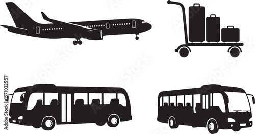 airport transport airplane luggage trolley shuttle bus silhouette set black vector