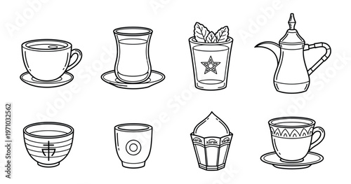 Hand-Drawn World Tea Culture Cup and Teapot Icon Set — Arabic Tea Glass Turkish Tea Dallah Japanese Bowl Vector