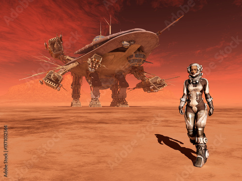 Astronautin und riesiges Raumschiff in einer rötlichen außerirdischen Wüstenlandschaft