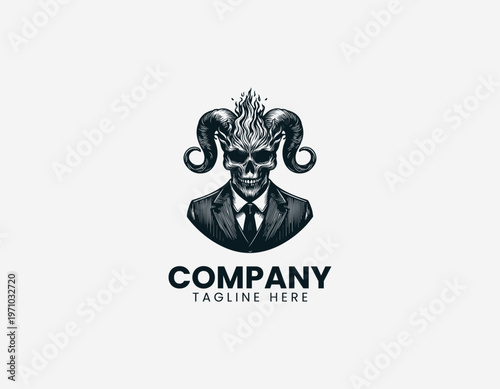 Horned skull man in suit with flames black vector logo illustration isolated on white background