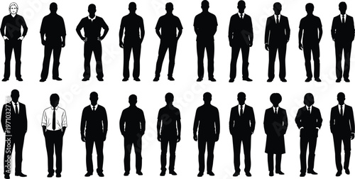 Business people silhouettes vector set with men and women in formal attire, professional standing poses for corporate, office, and teamwork design