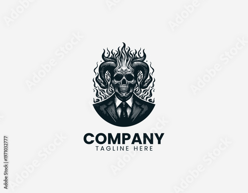 Horned skull man in suit with flames black vector logo illustration isolated on white background