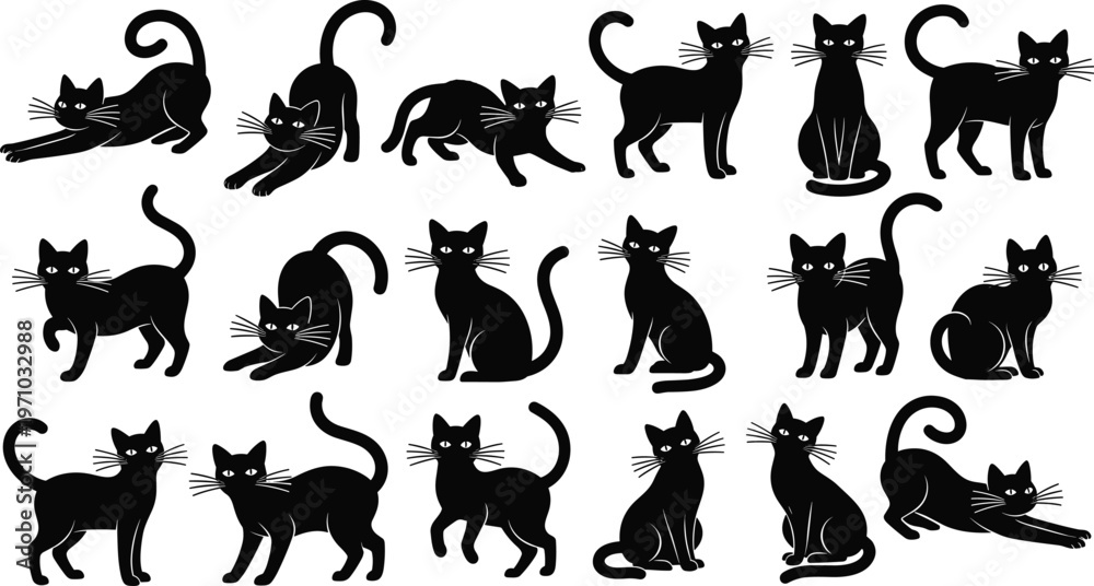 Fototapeta premium Cat silhouettes vector set with playful and sitting poses, black feline illustration for pet design, logo, animal icons, and cute character collection
