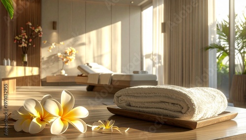 Spa wellness room with towel and flowers
