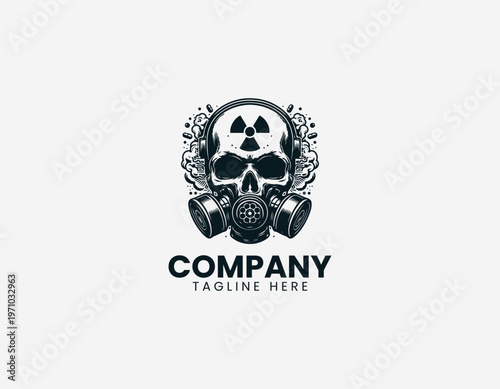 Skull with gas mask and radioactive symbol black vector logo illustration isolated on white background