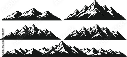 Collection of mountain range silhouettes, black alpine peaks with snow details, nature landscape vector set isolated on white background