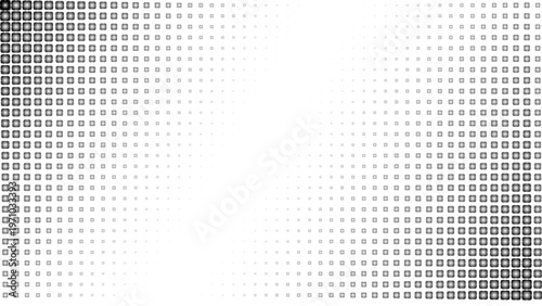 black square halftone corner gradient, geometric scattered pattern, monochrome abstract texture