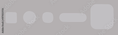 A horizontal row of light gray glass effect soft rounded geometric shapes featuring a square multiple ovals and two distinct long rectangular forms
