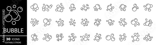 Bubble icon set. Soap foam, oxygen bubble, effervescent effect, fizzy drink. Vector editable stroke