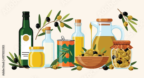 Assorted olive oil bottles and olive products displayed together