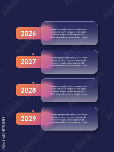 Timeline infographic design template with 4 options or steps. Process diagrams, presentation layout with matte glass effect.
