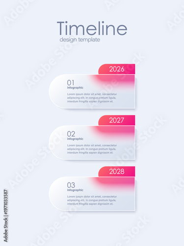 Business timeline chart template. Vertical infographic 3 steps. Glass morphism effect