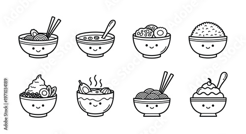 Cute Kawaii Hand-Drawn Asian Food Bowl Icon Set — Ramen Noodle Rice Soup Smiley Face Bowl Vector Collection