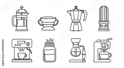 Hand-Drawn Black Outline Coffee Maker and Brewing Equipment Icon Set — Espresso Machine French Press Moka Pot Vector
