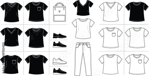 T Shirt Style Variations Collection with Different Necklines, Pocket Designs and Outfit Combinations Including Shoes, Backpack and Pants for Fashion Illustration