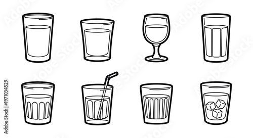 Hand-Drawn Black Outline Drinking Glass and Tumbler Icon Set — Shot Glass Highball Tumbler Juice Glass Vector
