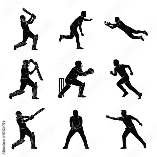 Cricket Players Silhouette Set - Professional Batsman, Bowler, and Fielder Actions Vector